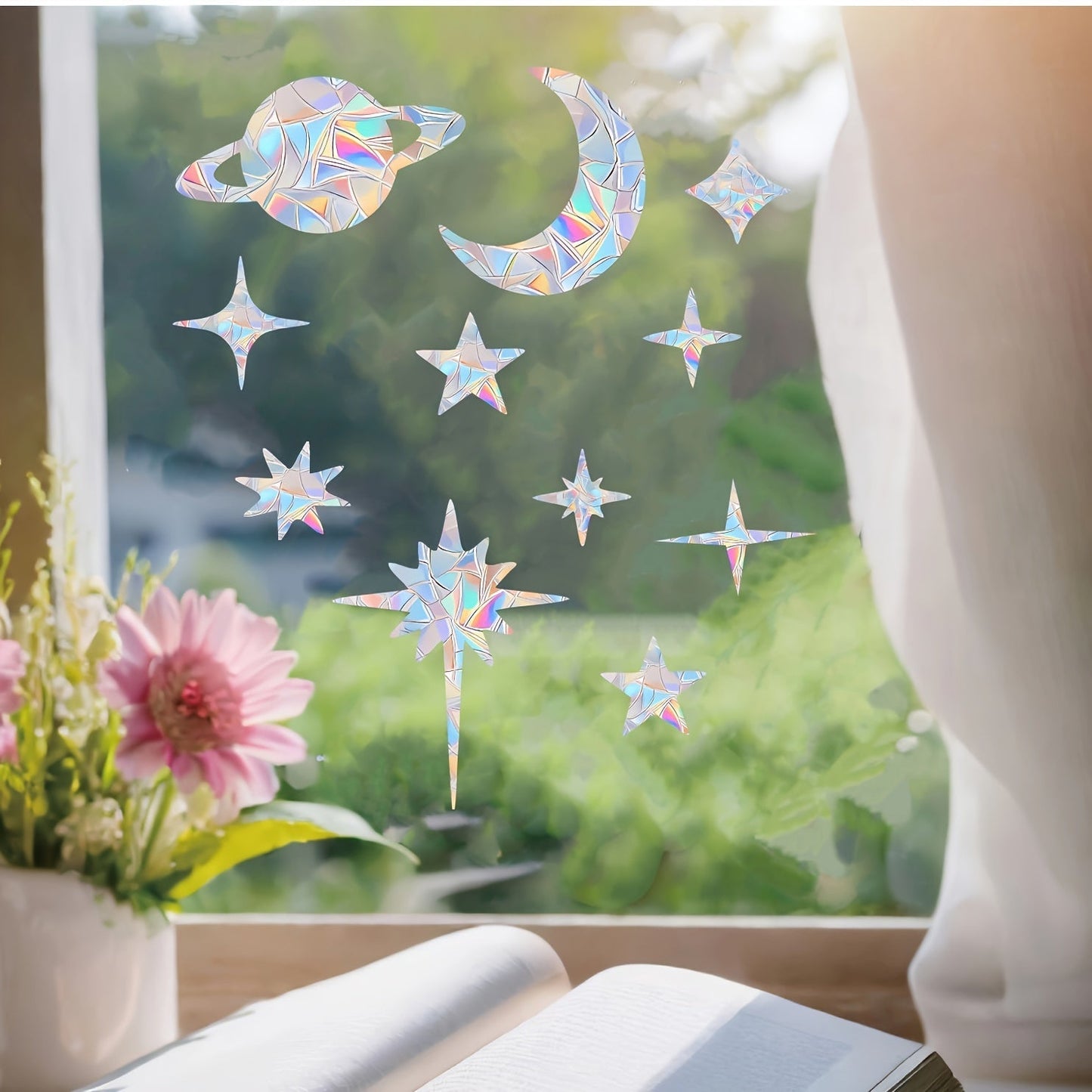 25 pieces of Starry Sky window clings that are designed to prevent bird collisions, made of non-adhesive prismatic vinyl material with rainbow stickers.