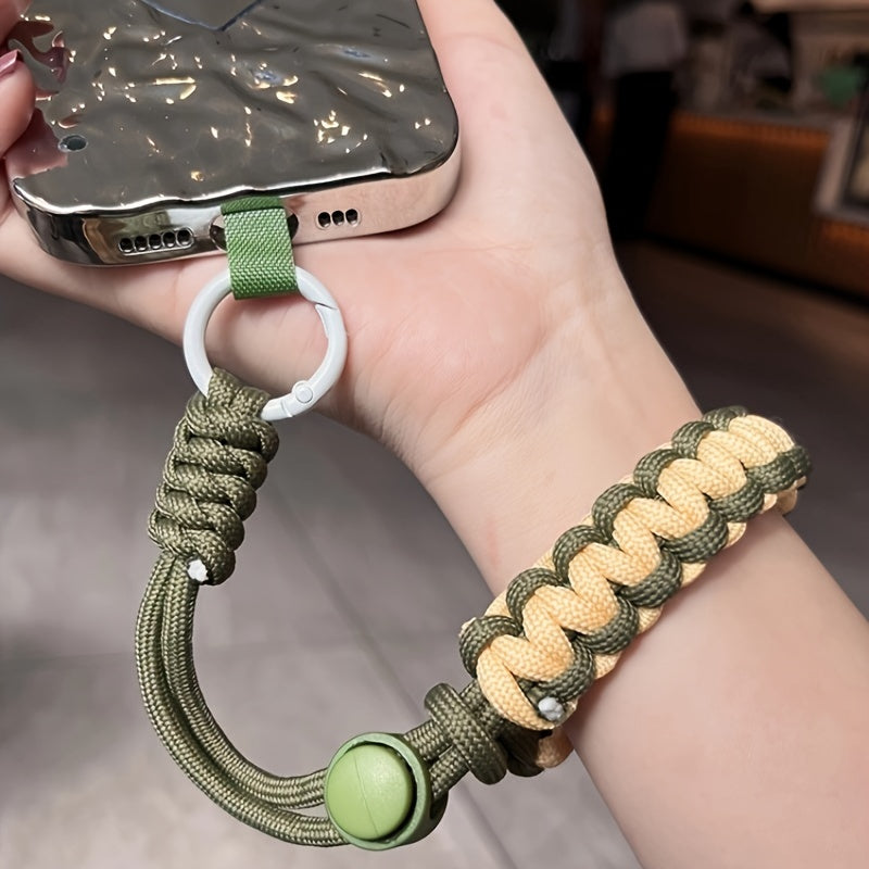 Handmade braided mobile phone lanyard with adjustable wrist strap, anti-theft drop protection, bold color matching, and strong metal clip. Suitable for cameras, universal fit.