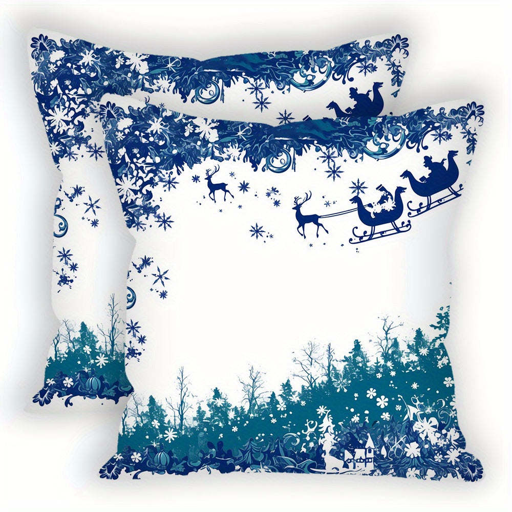 Set of 2 Festive Blue Merry Christmas Throw Pillows, measuring 45.72x45.72 cm each. Made of soft polyester, these square cushion covers do not include inserts. Perfect for decorating your living room, bedroom, or car. Pillows are washable for easy care.