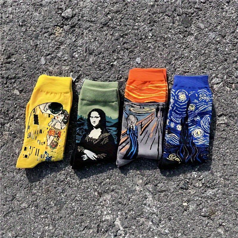 Men's 4-Pack Art Masterpiece Crew Socks featuring famous paintings, made of 70% cotton and 30% polyester. Hand wash only. Comfortable portrait patterned dress socks.