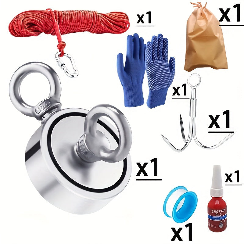 Double-Sided Fishing Magnet Kit with Metal Round Magnet featuring a Hook, Strong Magnetic Retrieval Tool with Rope and Gloves - Perfect for Rivers, Lakes, Beaches and Lawns, Great for Christmas, Halloween, Easter, Hanukkah and Thanksgiving.