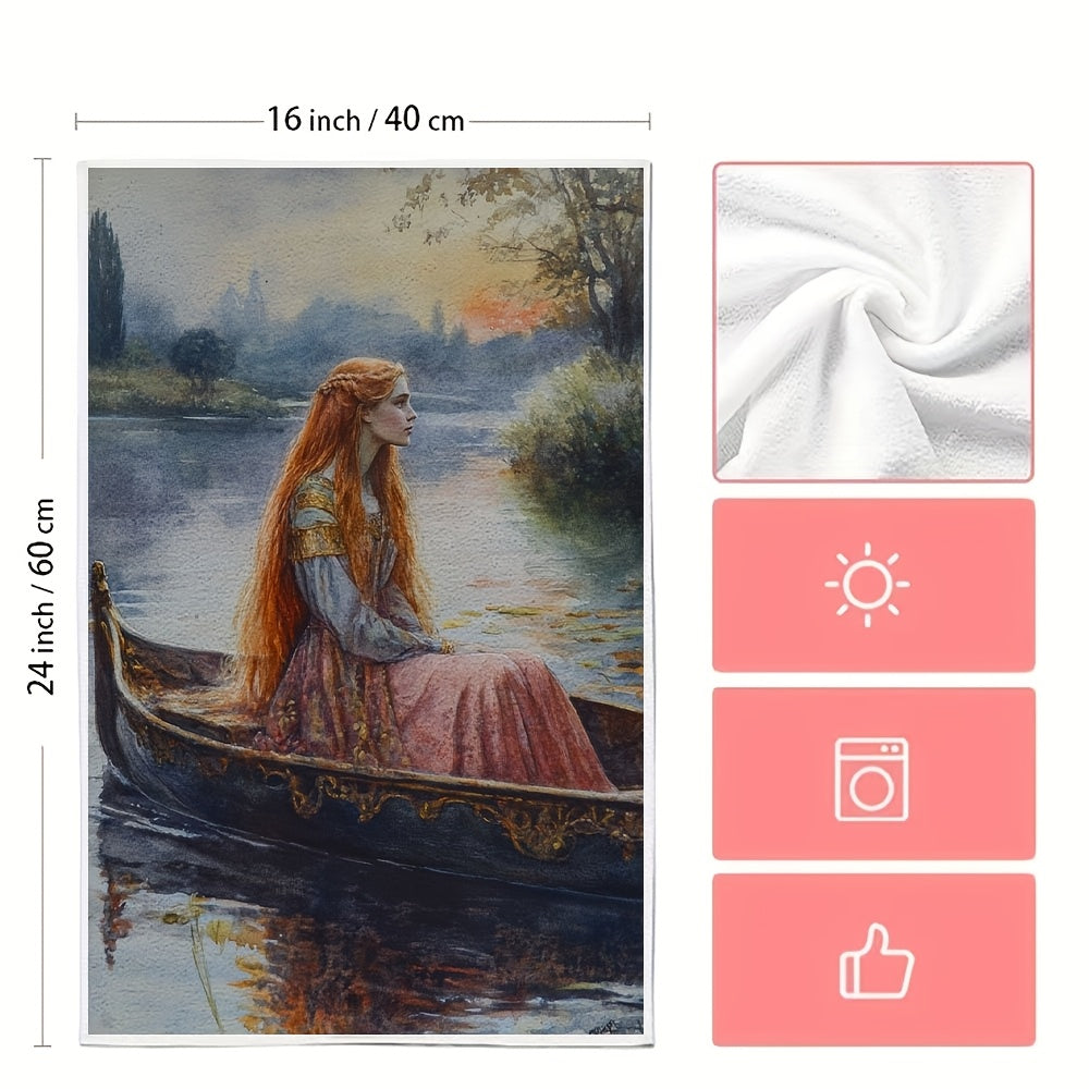 Two pieces of ultra-soft kitchen towels featuring "The Lady of Shalott" by John William Water Scene. These highly absorbent and machine washable dish hand towels measure 40.64x60.96 cm. They are made of contemporary polyester decor, perfect for use in