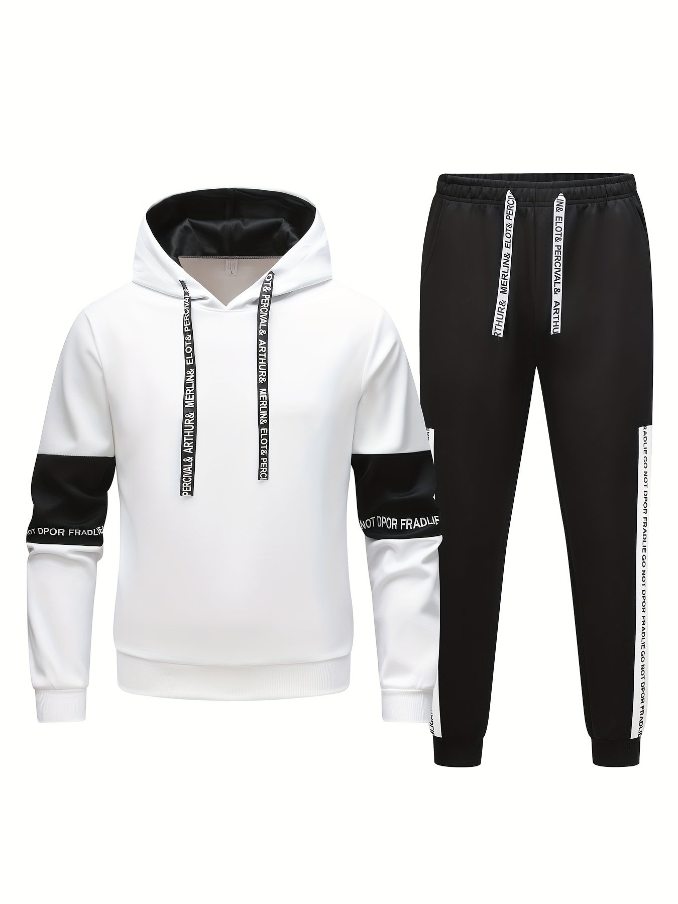 Men's casual hooded sweatsuit with patchwork design, made from a polyester spandex blend knit fabric, suitable for spring/fall athletic wear.