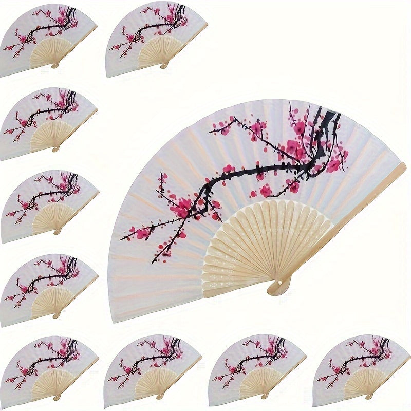 Discover the charm of 10 exquisite Elegant Cherry Blossom Silk Folding Hand Fans - perfect for Wedding Favors, Chinese New Year Gifts, and Party Accessories. Featuring a Compact & Lightweight design with a Durable Plastic Handle, these fans are Reusable