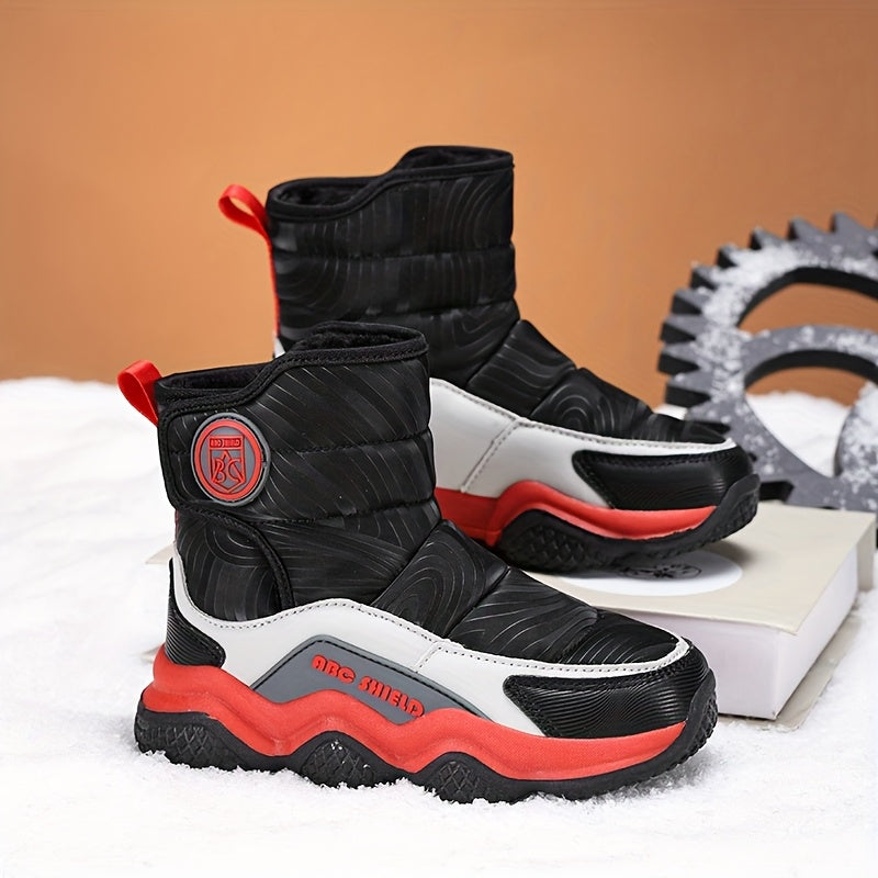 Winter snow boots for kids with warm fleece lining, high-top, non-slip sole, and hook-and-loop closure - cozy and stylish for boys and girls.