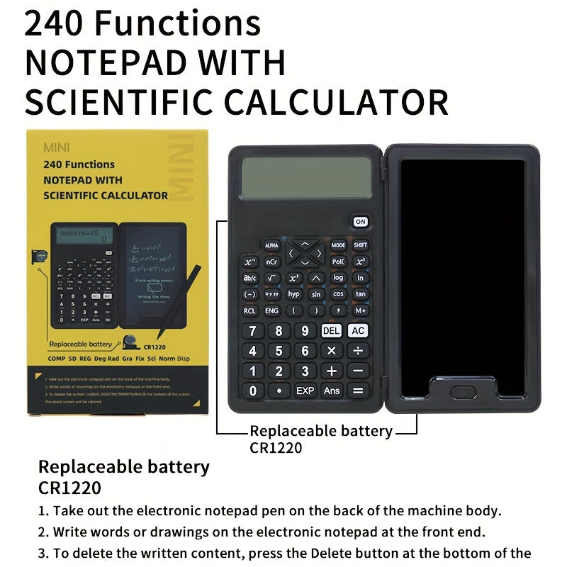 12-digit LCD scientific calculator with foldable design, stylus, and battery power. Ideal for students, teachers, and engineers. Features arithmetic functions.