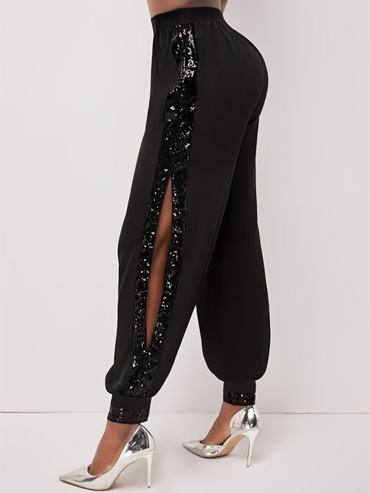 Elegant plus size harem pants with sequin detail, high waist, machine washable.