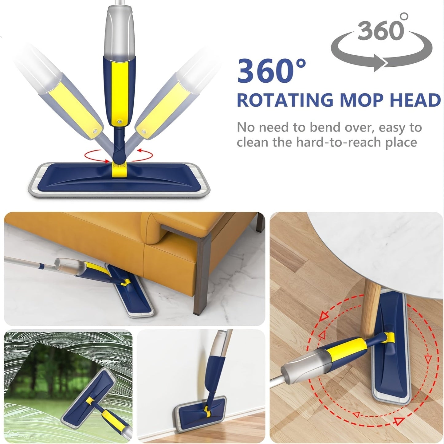 Get a complete 1set Microfiber Mop Set including 2 Refillable Water Bottles and 4 Washable Pads. The mop features a 360° Rotatable Metal Handle for easy cleaning in Home, Living Room, Bedroom, or Outdoor floors without the need for electricity.