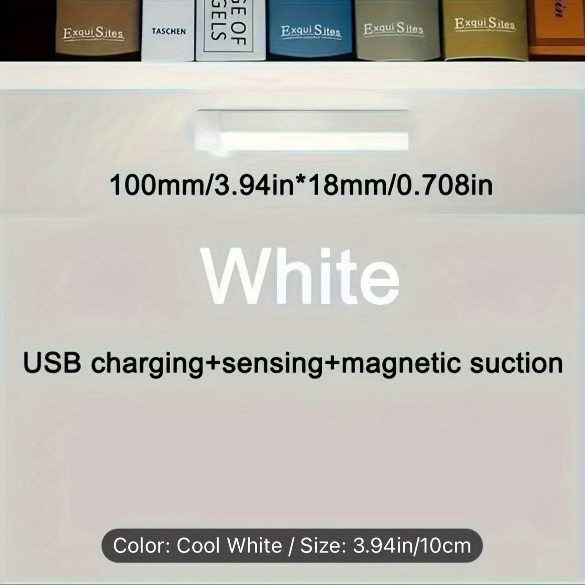 USB rechargeable motion sensor night light with warm and white light options, suitable for under cabinet, kitchen, wardrobe, and more.