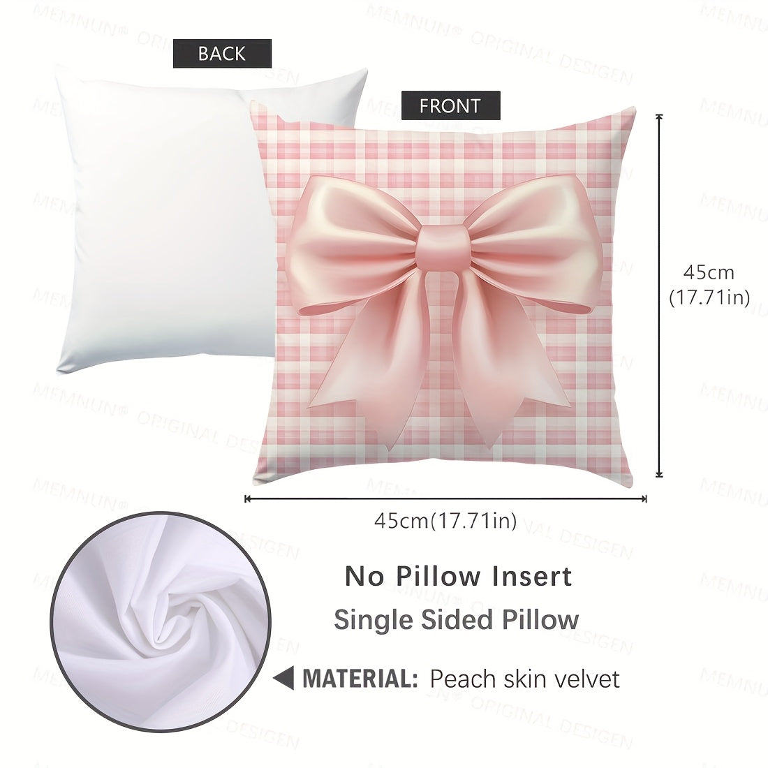 Chic pink bow print throw pillow cover, 44.96x44.96cm, contemporary style, 100% polyester with zip closure. Machine washable, perfect for living room sofa and bedroom decor. (Pillow insert not included) Great for couches.