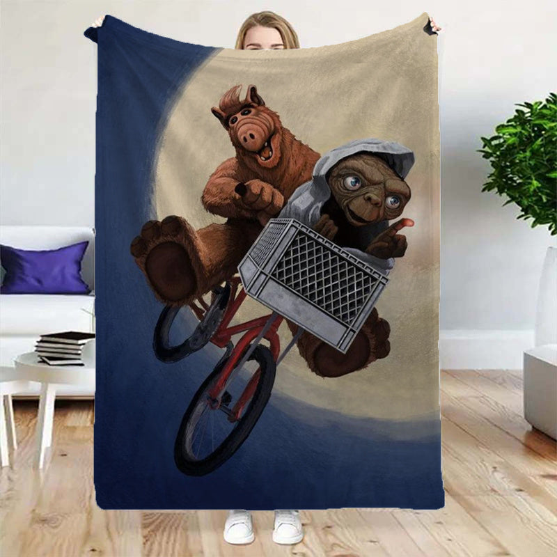 Cartoon Alien Bicycle Fleece Throw Blanket featuring ALF & E.T. - Made of Soft and Cozy Polyester - Perfect for Sofa, Office, Bed, Camping & Travel - Great All-Season Gift for Alien Fans