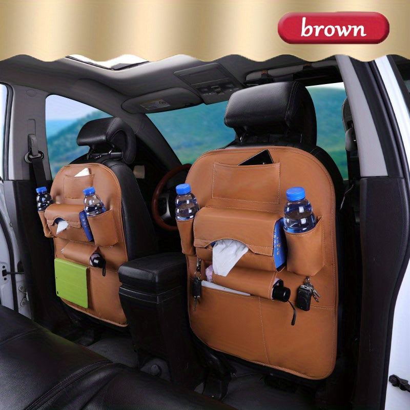 Car back seat organizer with storage pockets, kick mats, seat protectors, tissue box, cup holder, laptop table, and eating tray for parking use only.