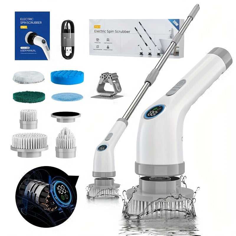 The FONSI 7-in-1 Electric Spin Scrubber features a long handle and LCD display for easy use. It includes reusable soft bristle brush heads in 7 different varieties, with 3-speed settings and USB power. Ideal for cleaning the bedroom, bathroom, toilet