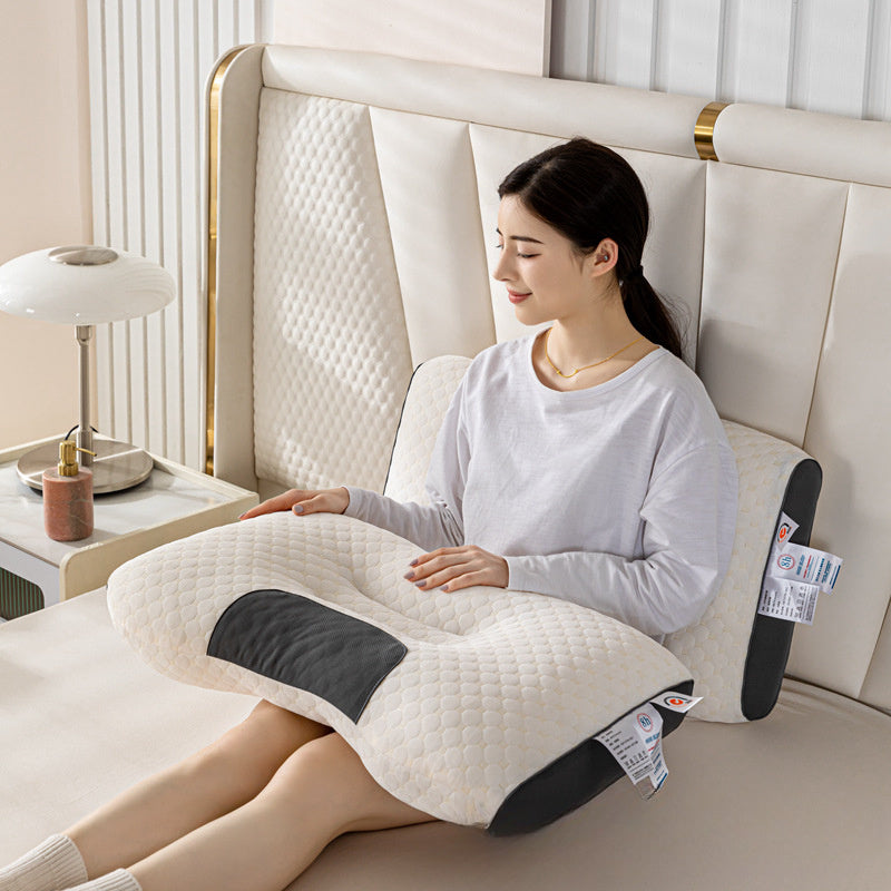 Highly elastic neck support pillow with breathable and washable cover, suitable for maternity and bedroom use.