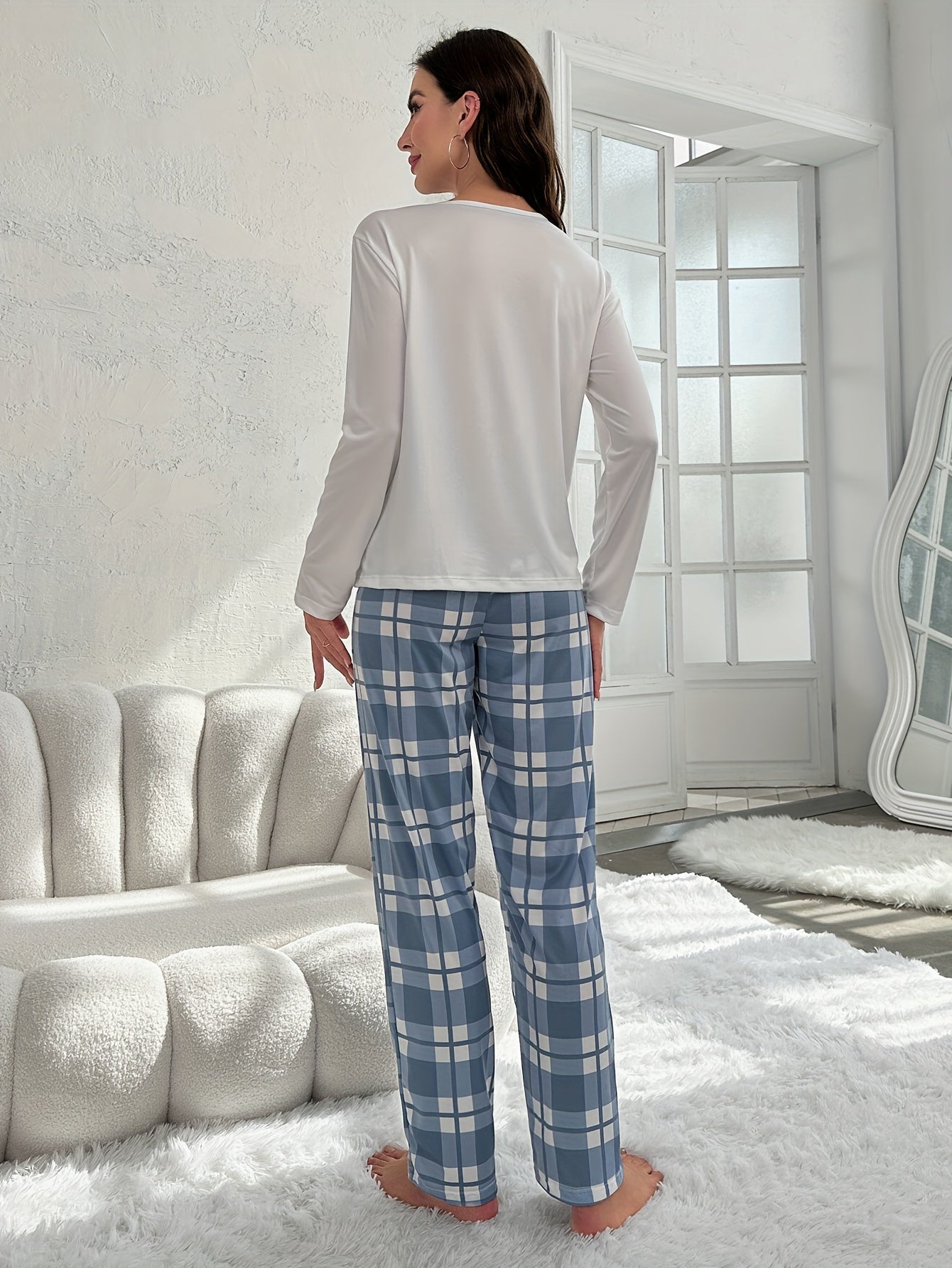 Women's Letter Print Pajama Set with Long Sleeve Top & Plaid Pants