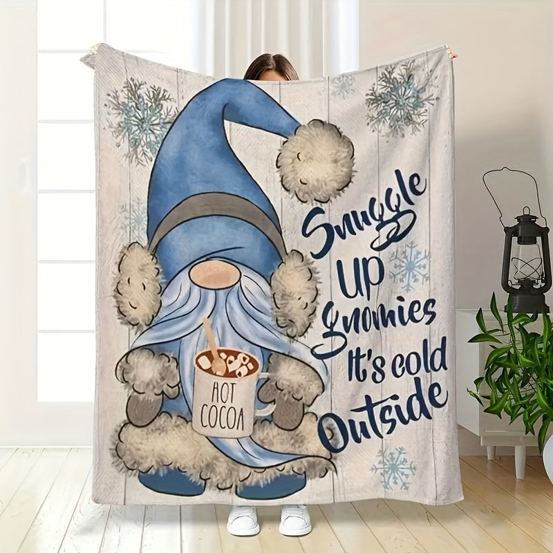 Soft and cozy Rustic Blue Gnome Throw Blanket made of flannel fleece with a fantasy print design. This all-season blanket is machine washable and features a digital print on a polyester cover with a polyester lining. Perfect for home and kitchen decor