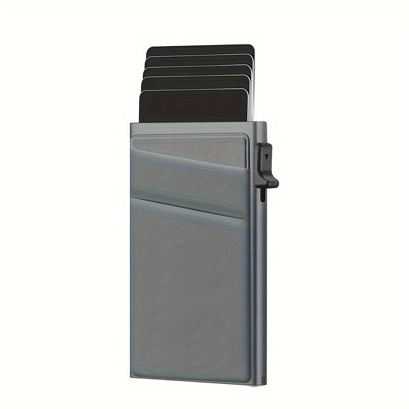 Stylish RFID-blocking aluminum wallet with automatic pop-up credit card holder in black, perfect Valentine's Day gift.