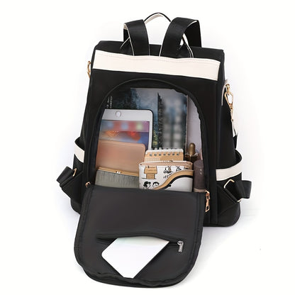 Stylish anti-theft backpack for women, made of lightweight, durable nylon with laptop compartment. Comes in pink, blue, and black.