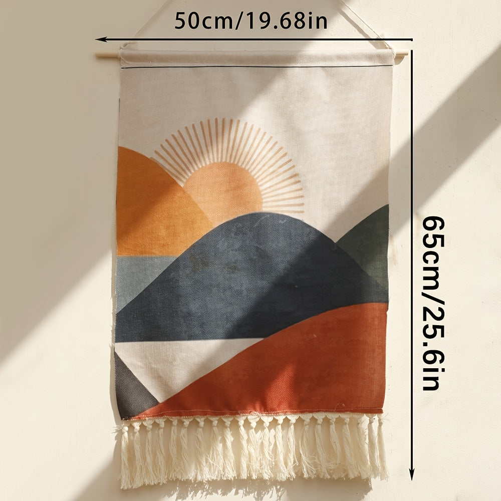 This linen wall tapestry features a fringe border and a bohemian sun and sailboat design, perfect for adding artistic flair to your living room or bedroom decor. Suitable for ages 14 and up.