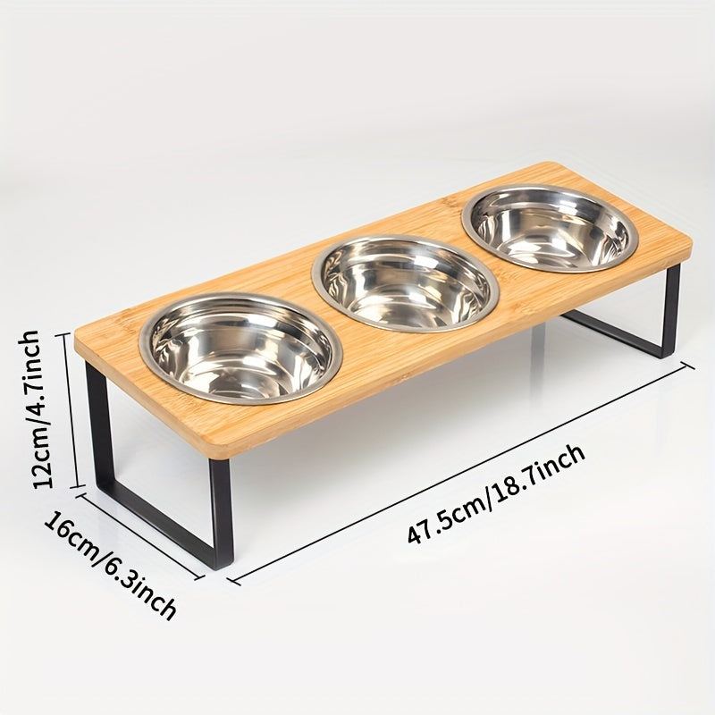 Elevated tilted cat food and water bowl set designed to prevent vomiting, with stainless steel dishes and orthopedic pet food stand for indoor cats. Easy assembly.