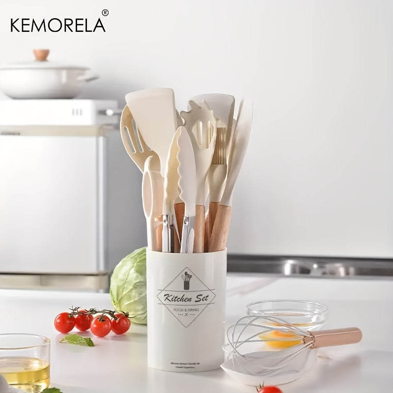 KEMORELA 14-Piece Silicone Kitchen Utensil Set with Wooden Handles and Storage Bucket - Non-Stick, Food-Safe Cooking Tools Ideal for Apartments and Dorms, by KEMORELA