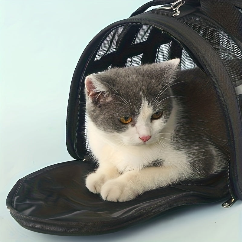 Portable pet carrier bag with locking safety zippers, airline approved.