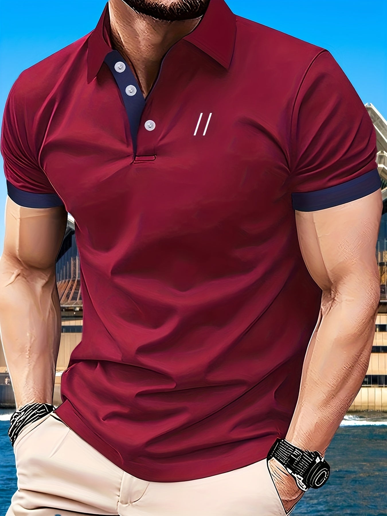 Men's short sleeve athletic polo shirts featuring a two slashes pattern and retro style button up design, ideal for summer business attire.