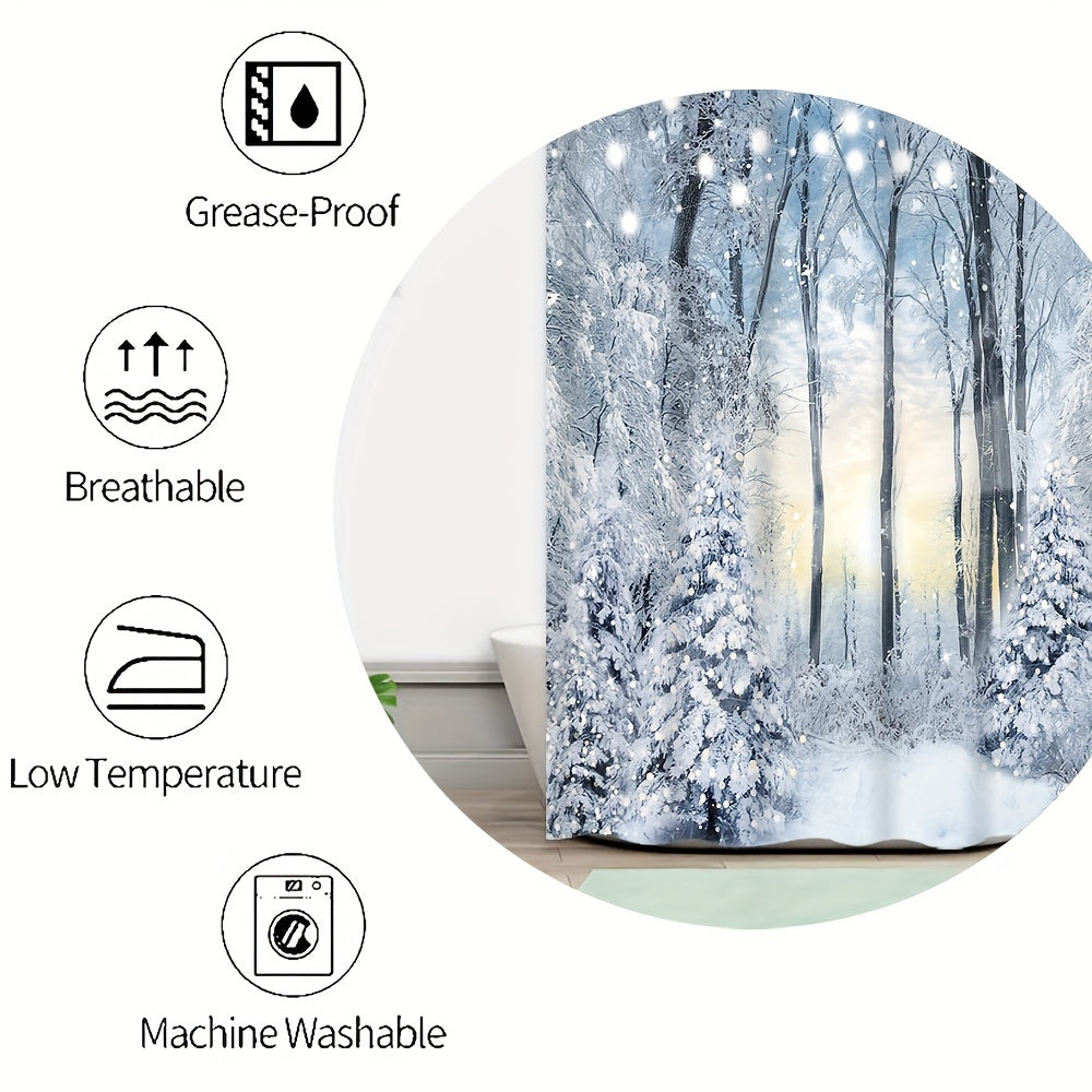 Winter snow scene shower curtain set includes waterproof curtain, floor mat, toilet seat cover, bathroom mat, 12 plastic hooks, and home decorations.