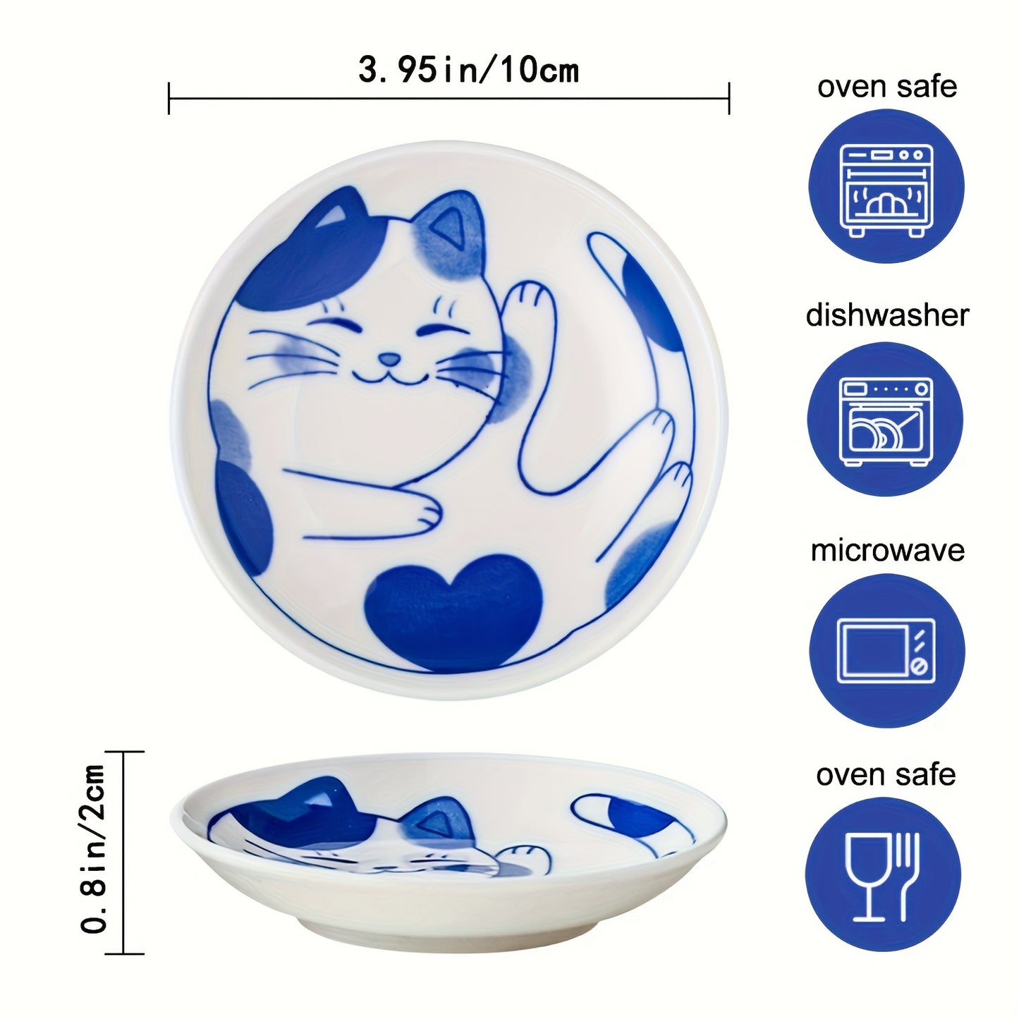 4 Japanese ceramic dessert plates and sauce dishes with a cute cartoon Lucky Cat pattern, suitable for home kitchens, restaurants, and hotels.