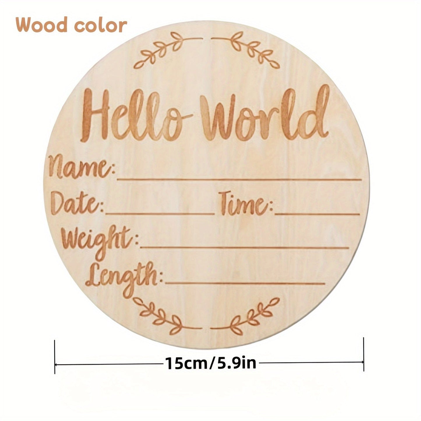 Baby Announcement Sign made of Wood, 14.99 cm Round Shape, Hello World Newborn Welcome Sign, Perfect for Photography Prop or Baby Shower Gift.