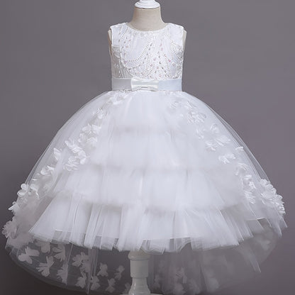 Elegant sleeveless princess dress with flowing tail, lace, and floral embellishments. Perfect for pageants, weddings, piano performances, and birthday parties. Made with tweedlike texture