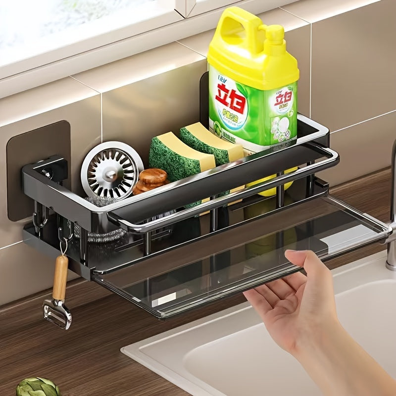 Space-saving kitchen and bathroom sink organizer with towel rack available - Made of durable plastic and metal. This multi-functional wall-mounted storage solution is perfect for sponges, soap, and cleaning tools. Includes drainage slots and under sink