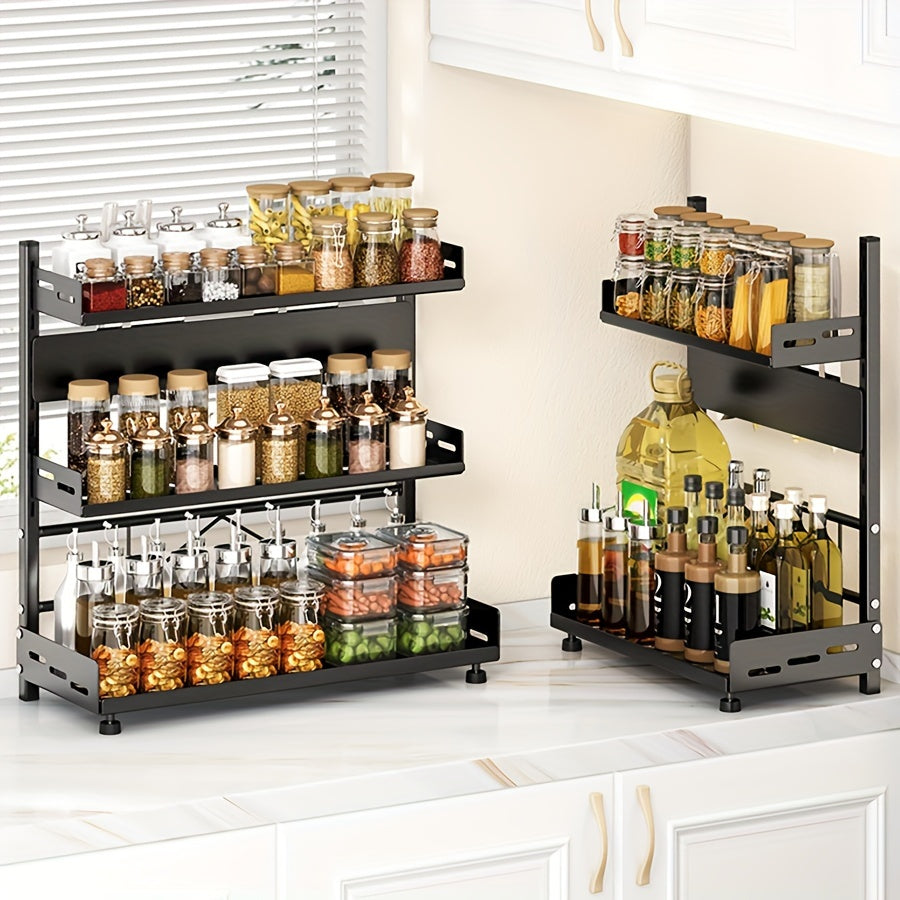 Adjustable Kitchen Storage Rack - Wall Mount with No-Drill Installation, Organize Seasonings and Utensils with Multi-Tier Modern Metal Design, Perfect for Spice Storage and Knife Placement.