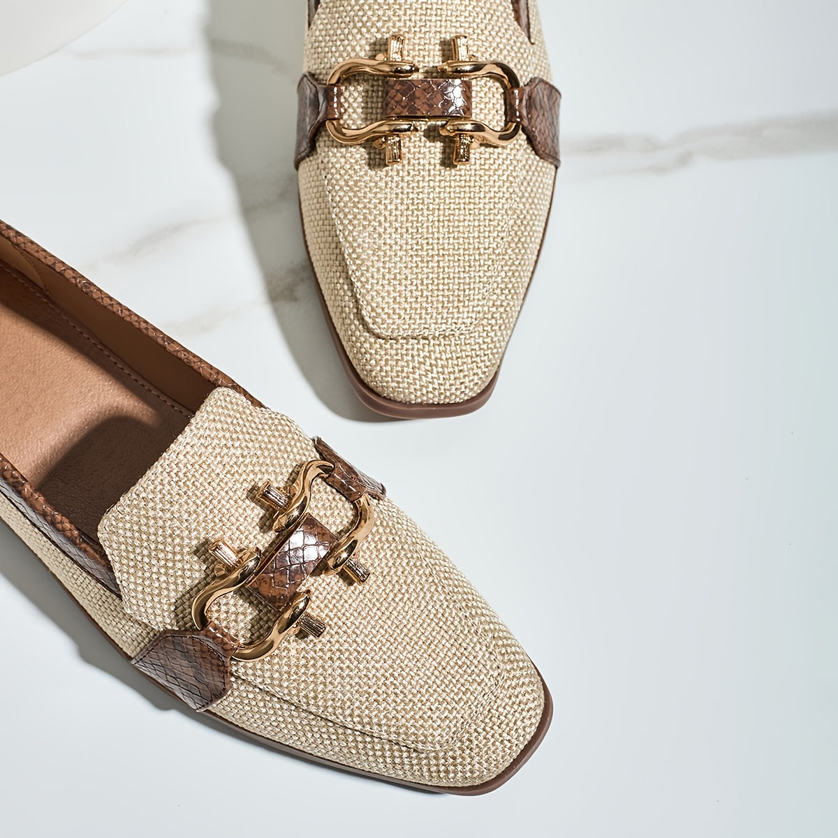 Vintage style women's flax loafers with snake print stud embellishment, square toe, and TPU sole for all-season comfort.