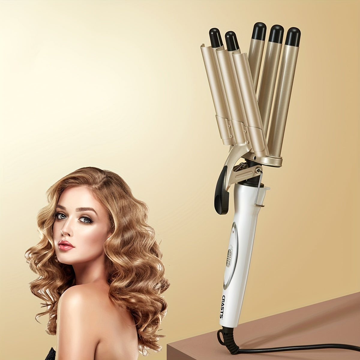 Wavy hair curling iron with temperature control and large barrel for creating water ripple waves and egg roll curls.