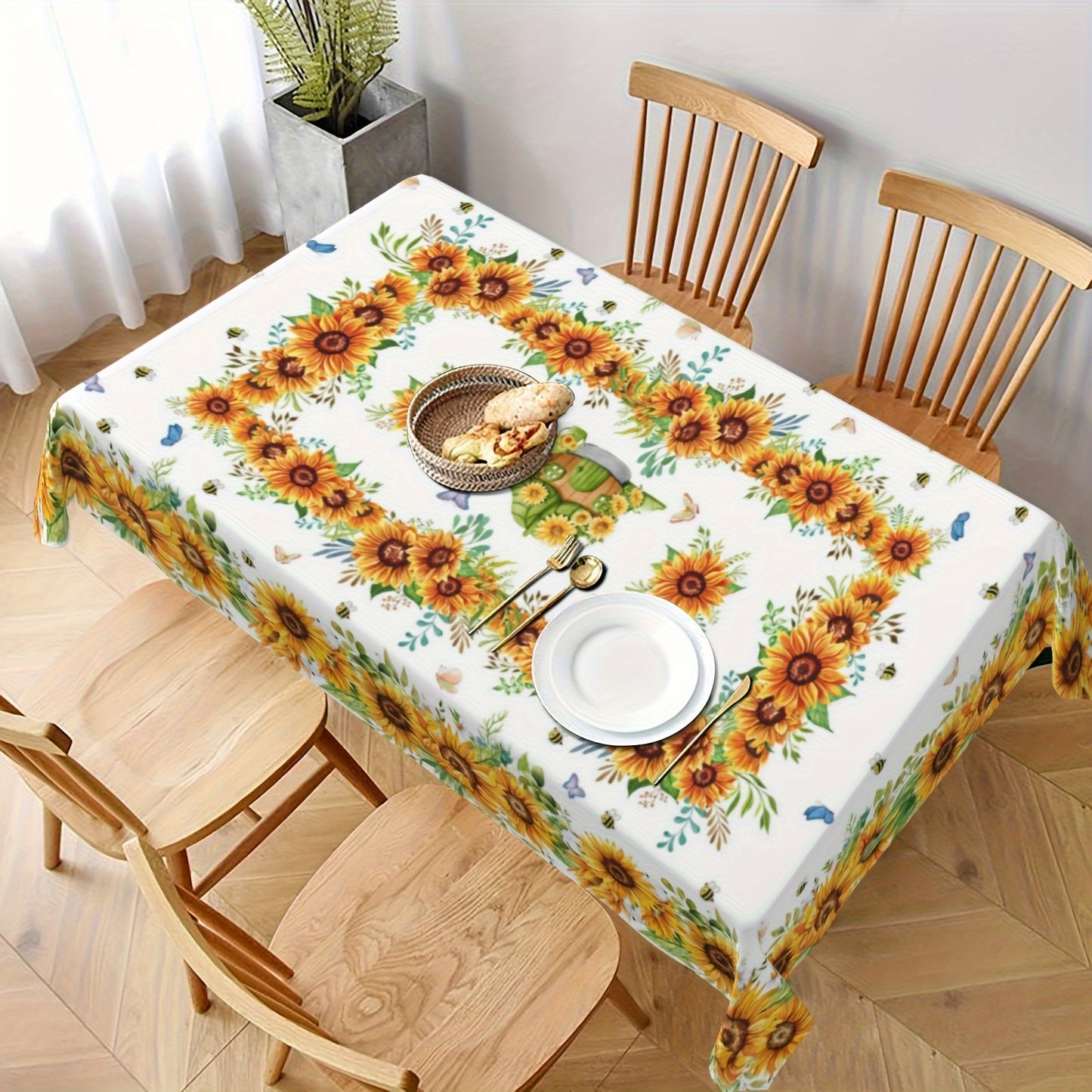 Summer sunflower tablecloth with vibrant floral design, butterflies & bees. Stain & wrinkle-free polyester, round farmhouse style for home kitchen, dining, picnic decor. Great gift. Sunflower pattern. Stainfree fabric for sunflower kitchen decor.