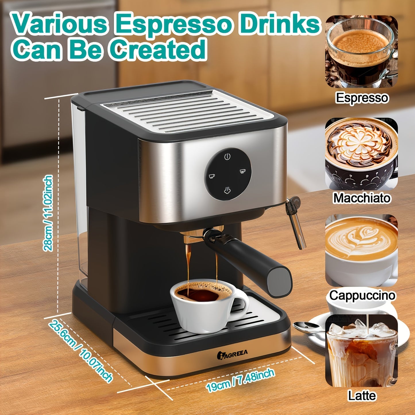 IAGREEA Italian espresso machine, 20Bar, 1.5L/50oz water tank, digital touch screen, versatile for various coffee drinks, ideal for home brewing and office use. 1050W, suitable for Winter.