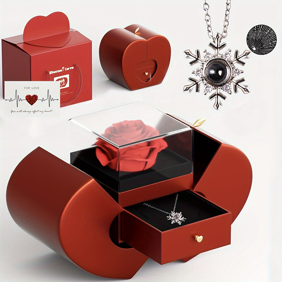 Trendy Jewelry Set: Snowflake Projection Necklace in Elegant Golden and Silvery Tones with Valentine's Day Red Rose Apple Gift Box - Perfect Gift for Women