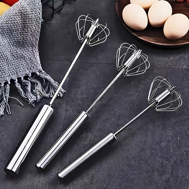 Hand-held stainless steel manual egg beater for baking and cooking, no battery needed.