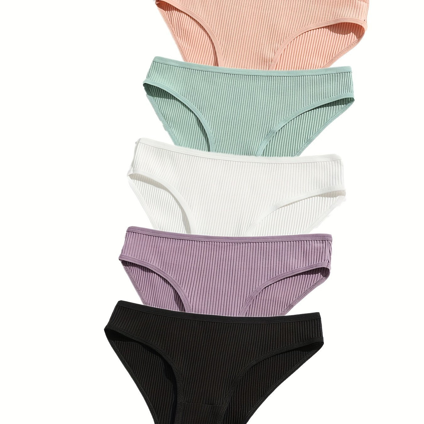 5 comfortable women's briefs with butt lift, low-rise, breathable, double-layered, available in red, gray, teal, orange, and black solid colors. Made of soft ribbed stretch material.