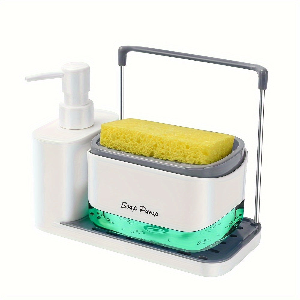 1pc Hand and dish soap dispenser set with sponge holder, dishcloth holder, and tray for kitchen sink. 5-in-1 organizer for sink countertop and bathroom.