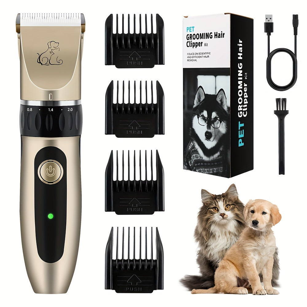 Electric pet hair trimmer with removable blade and rechargeable battery.