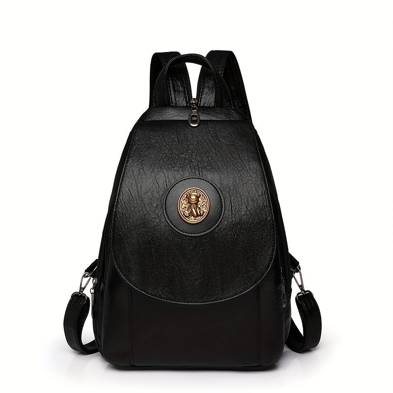 Women's retro-style synthetic leather backpack with adjustable straps, multiple compartments, magnetic closure, and denim design in brown, beige, or black for daily or work use.