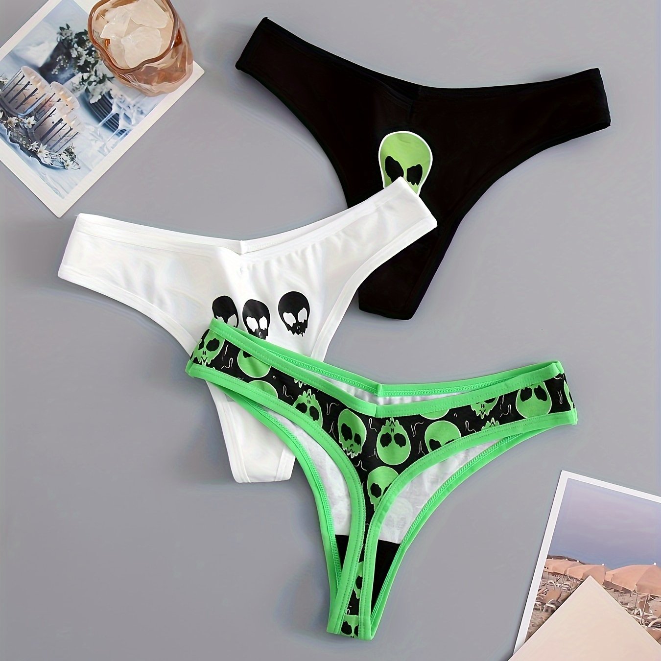 3 Skull Print Thongs, Soft & Stretchy Women's Lingerie