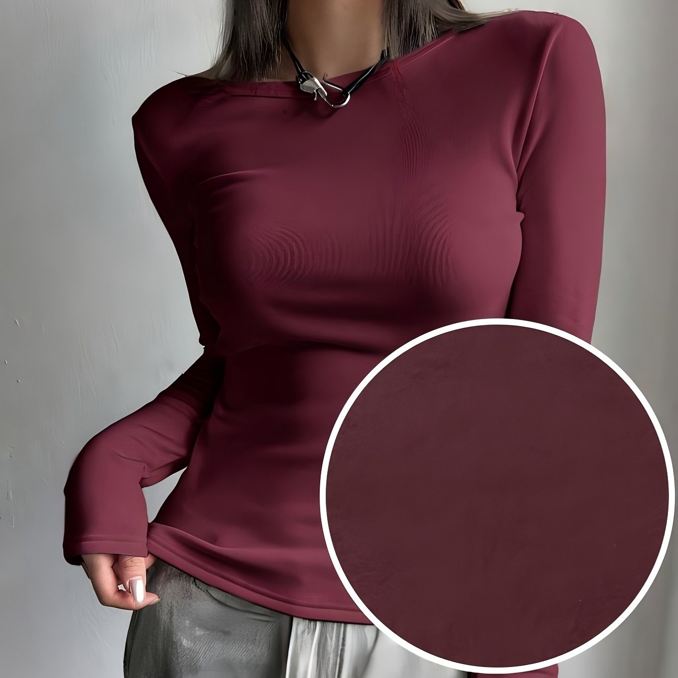 Basic Women's Crew Neck Top - Long Sleeve Solid Color Shirt for Fall/Winter - 95% Polyester, 5% Elastane Stretch Fabric