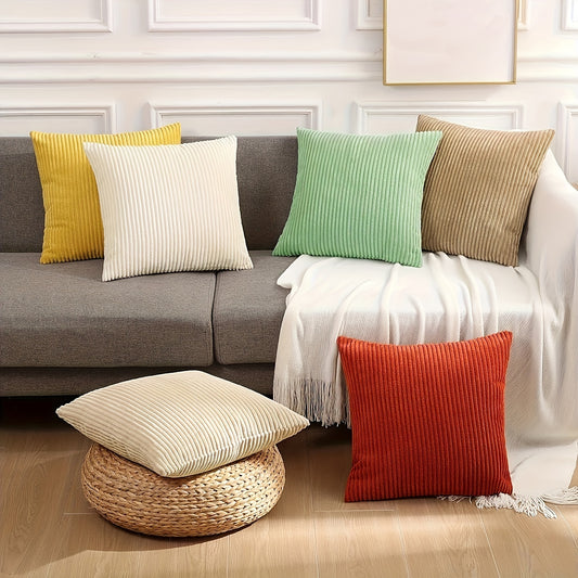 Stylish soft corduroy throw pillow covers in a striped square pattern for living room, bedroom, or sofa decor. Features double-sided printing and fits 45.72cm pillows. Set of 2, pillow inserts not included.