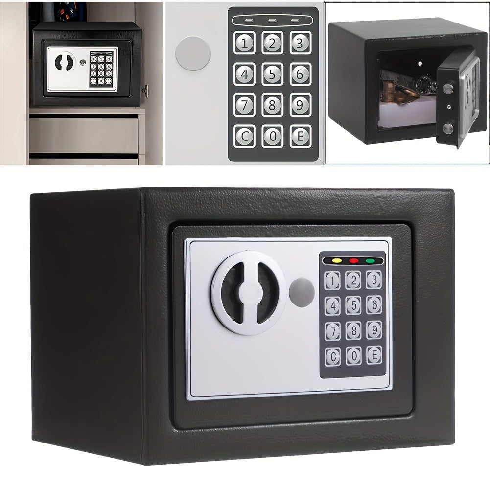 Secure digital security safe with combination and key lock for storing valuables in homes, offices, and hotels. Made of metal and powered by dry batteries. Not waterproof.