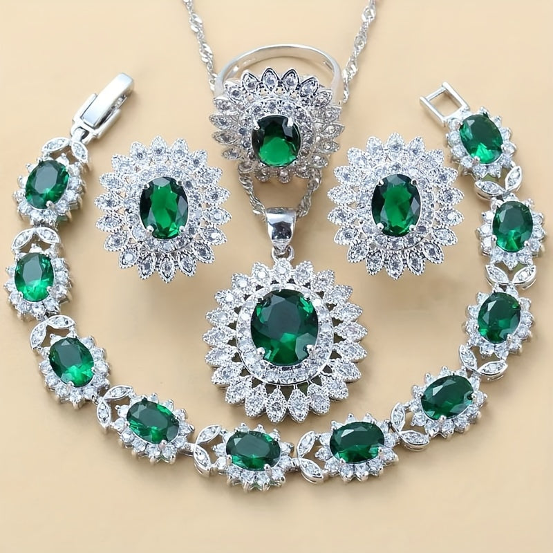 Beautiful Sunflower Jewelry Set for Women - Includes Cubic Zirconia Earrings, Ring, Necklace, and Bracelet - Silver Plated, Ideal for Weddings and Vacations