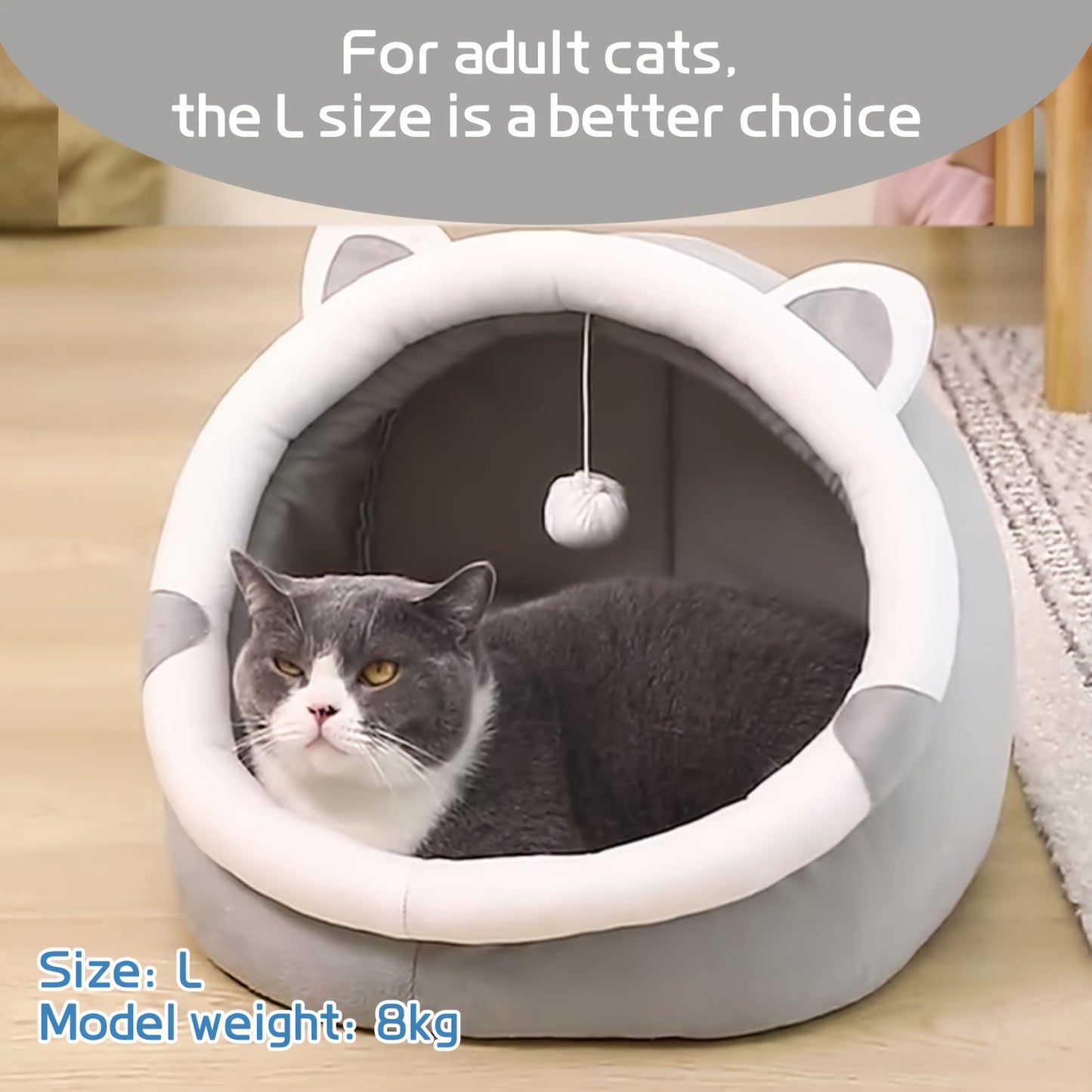 Convertible grey cat ear pet bed made of polyester fiber material. Suitable for small to medium cats and dogs. All-season indoor sleeping lounge with dangling ball toy.