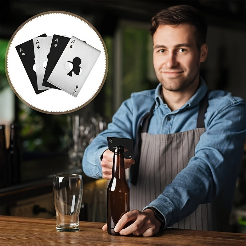 Stainless steel, credit card-sized bottle opener designed like a poker chip, perfect for bars and restaurants, makes a great gift.